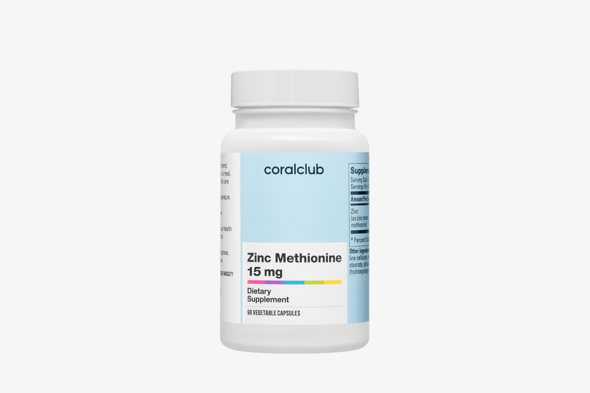 Zinc Methionine 15 mg – complemento alimenticio. Peso neto: 31,5 g.